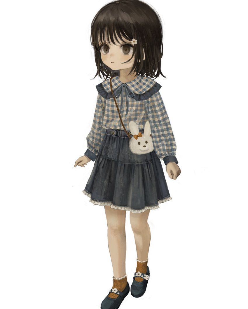 1girl absurdres animal_bag bag bangs blue_ribbon bob_cut brown_eyes brown_hair brown_socks bunny_bag bunny_ornament collared_shirt female_child flower frilled_shirt_collar frilled_skirt frilled_socks frills full_body grey_footwear grey_shirt grey_skirt hair_flower hair_ornament high-waist_skirt highres long_sleeves looking_at_viewer mary_janes medium_hair namuta neck_ribbon original parted_lips plaid plaid_shirt ribbon shirt shoes shoulder_bag simple_background skirt sleeve_cuffs socks solo standing straight_hair white_background white_flower