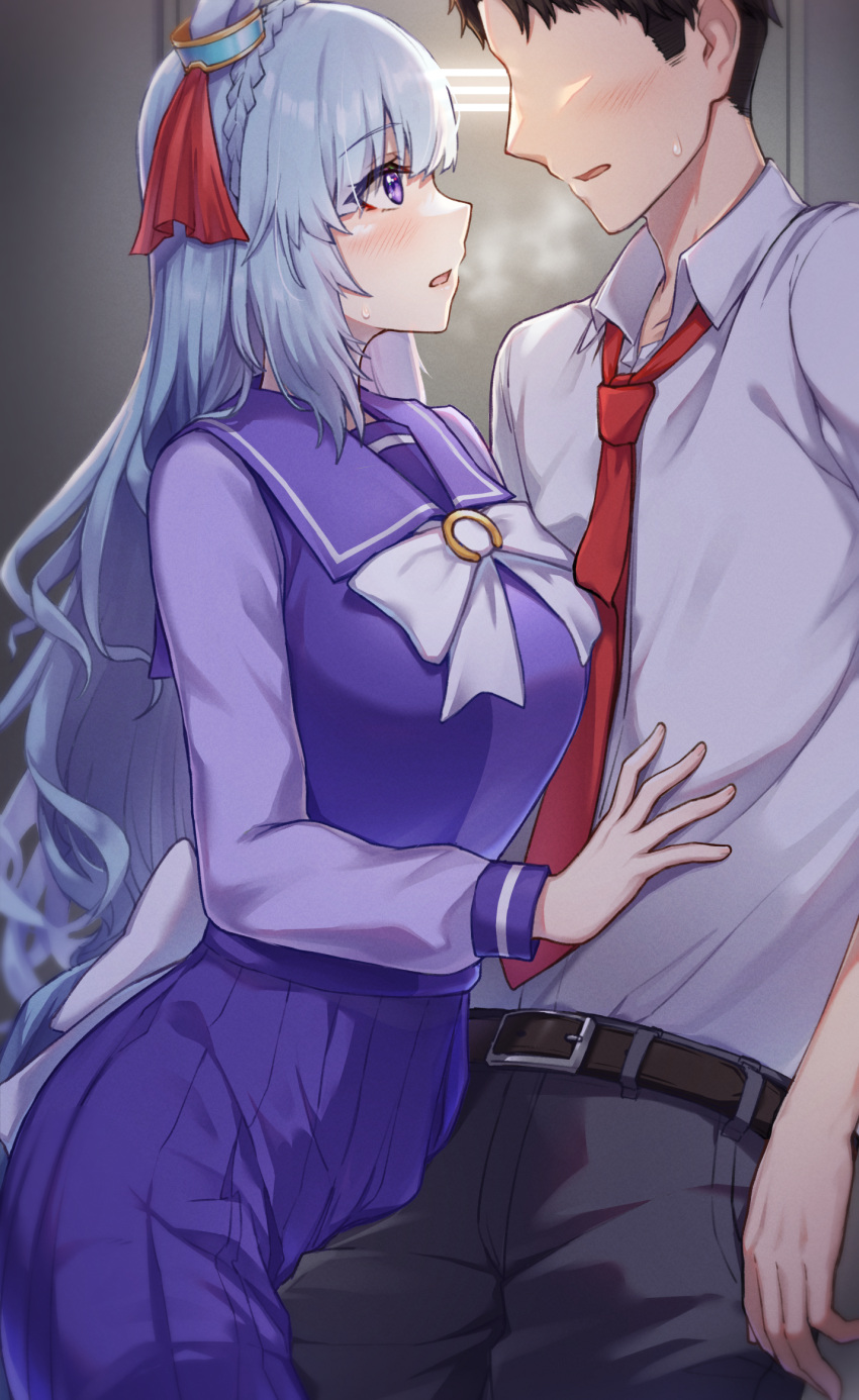 1boy 1girl belt blue_hair blush breasts commentary_request exren faceless faceless_male heavy_breathing highres horse_girl large_breasts long_hair looking_at_another mejiro_ardan_(umamusume) school_uniform sweat thigh-highs tracen_school_uniform trainer_(umamusume) umamusume violet_eyes