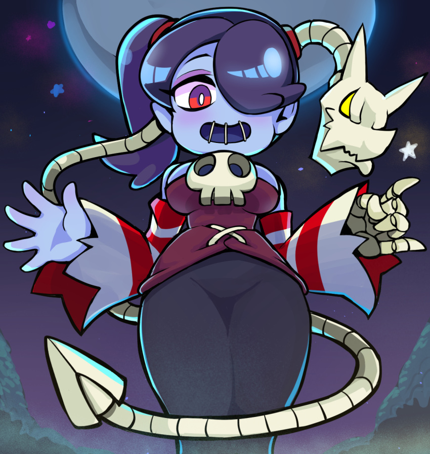 1girl \n/ black_hair black_skirt blue_skin breasts colored_skin commentary detached_sleeves dress from_below hair_over_one_eye highres jimafy leviathan_(skullgirls) long_skirt looking_at_viewer looking_down medium_breasts moon night night_sky open_mouth red_eyes red_sleeves side_ponytail skeletal_hand skirt skull skullgirls sky smile solo squigly_(skullgirls) star_(sky) star_(symbol) stitched_mouth stitches striped_sleeves white_sleeves yellow_eyes zombie