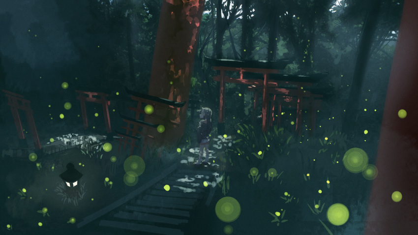 1girl black_footwear black_hair black_kimono commentary_request day forest highres horns japanese_clothes kimono kuro_kosyou long_hair long_sleeves looking_away nature off_shoulder original outdoors pleated_skirt single_horn skirt solo stairs standing stone_lantern stone_stairs thigh-highs torii tree white_skirt white_thighhighs wide_shot wide_sleeves zouri