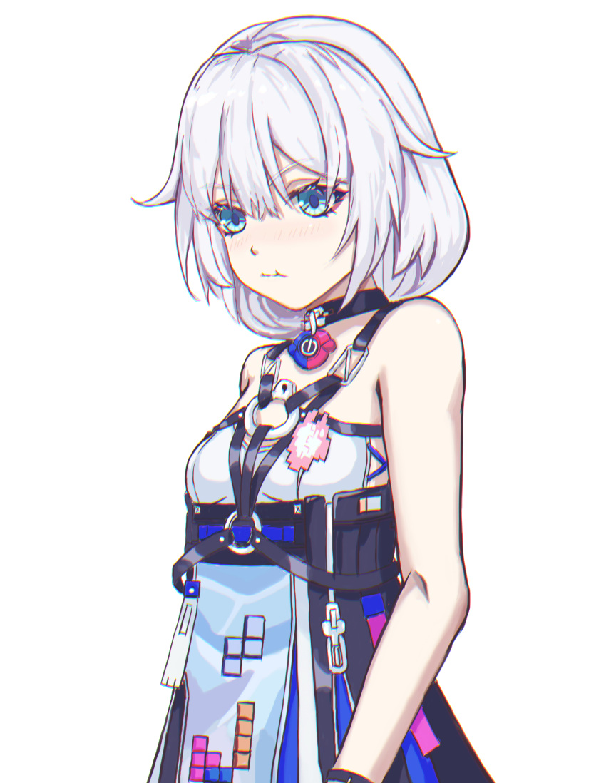 1girl absurdres bangs bare_shoulders black_choker blue_eyes choker closed_mouth collar cosplay dress highres honkai_(series) honkai_impact_3rd kabuto_tong long_hair rozaliya_olenyeva rozaliya_olenyeva_(fervent_tempo) rozaliya_olenyeva_(fervent_tempo)_(cosplay) simple_background sleeveless sleeveless_dress solo theresa_apocalypse upper_body white_background white_dress white_hair