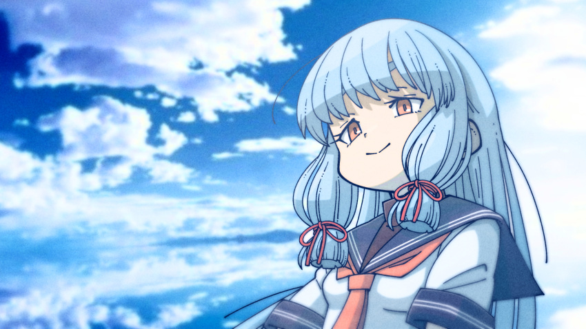 blue_sailor_collar blue_sky closed_mouth clouds commentary_request dress grey_hair hair_ribbon highres kantai_collection long_hair murakumo_(kancolle) necktie orange_eyes photo_background red_necktie red_ribbon ribbon sailor_collar sailor_dress shin_(shin_k009) short_sleeves sky tress_ribbon