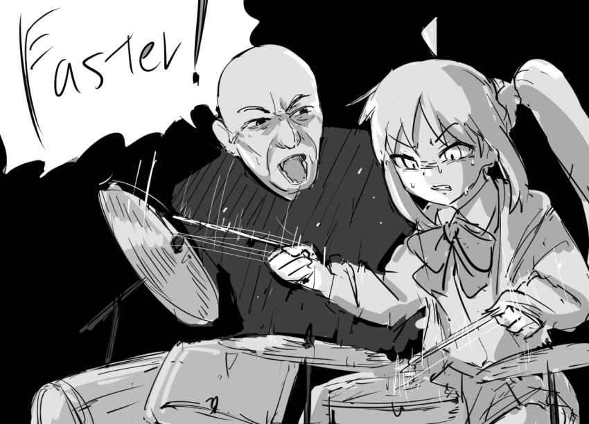 1boy 1girl ahoge bald bangs black_background bocchi_the_rock! bow bowtie clenched_teeth collared_shirt commentary_request concentrating cowboy_shot drum drum_set drumming drumsticks english_text greyscale holding holding_drumsticks ijichi_nijika instrument long_hair long_sleeves looking_down monochrome open_mouth pleated_skirt shirt side_ponytail sidelocks simple_background skirt sweat t-shirt teeth tenten_(chan4545) terence_fletcher thick_eyebrows whiplash