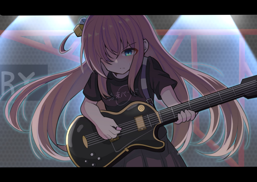 1girl absurdres bangs black_shirt blue_eyes bocchi_the_rock! closed_mouth cube_hair_ornament electric_guitar gibson_les_paul gotou_hitori grey_skirt guitar hair_between_eyes hair_ornament hair_over_eyes highres holding holding_instrument instrument long_hair looking_down music nabehuki one_side_up pink_hair playing_instrument pleated_skirt serious shirt short_sleeves skirt solo
