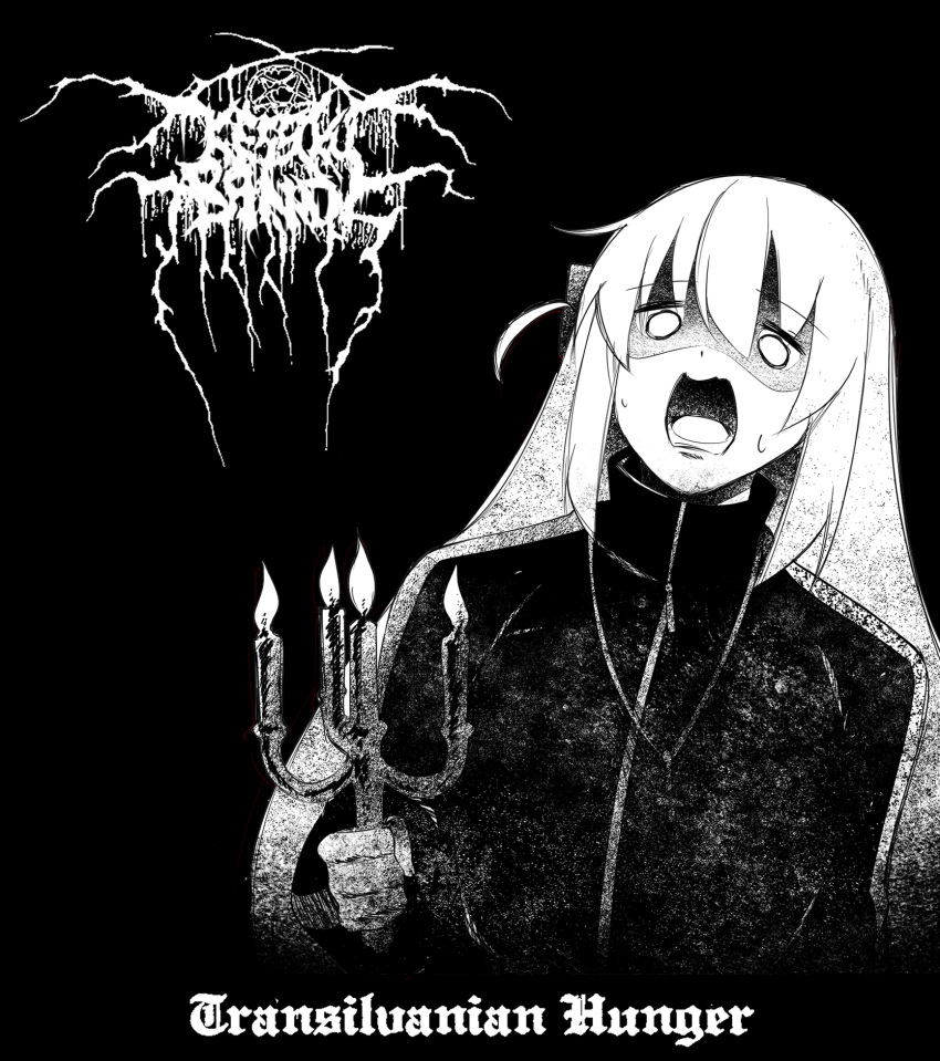 1girl album_cover_redraw black_background bocchi_the_rock! candelabra cross darkthrone derivative_work english_commentary equ4lhate gotou_hitori hair_between_eyes highres holding jewelry jumpsuit lit_candle monochrome necklace open_mouth pentagram shaded_face