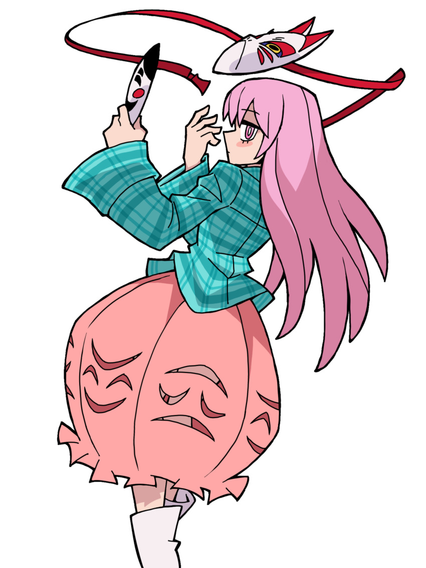 1girl aqua_shirt bubble_skirt closed_mouth eddybird55555 english_commentary fox_mask hata_no_kokoro highres long_hair long_sleeves looking_at_viewer mask noh_mask parody pink_eyes pink_hair pink_skirt plaid plaid_shirt red_ribbon ribbon ringed_eyes shirt simple_background skirt solo style_parody touhou vanripper_(style) white_background