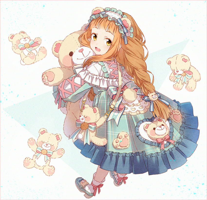 1girl animal_bag animal_ears bangs bear_ears bear_head bear_tail blue_dress blue_footwear blunt_bangs braid brown_eyes brown_hair carrying_bag dress fake_animal_ears frilled_dress frills full_body hair_ribbon hakusai_(tiahszld) headdress heart holding holding_stuffed_toy hug light_blue_background light_blue_ribbon lolita_fashion long_hair long_sleeves looking_at_viewer open_mouth original paw_print pink_nose pink_ribbon plaid plaid_dress ribbon smile socks striped striped_ribbon stuffed_animal stuffed_toy tail teddy_bear teddy_bear_hair_ornament turning_head two-tone_ribbon white_background white_bag white_dress white_ribbon white_socks yellow_eyes