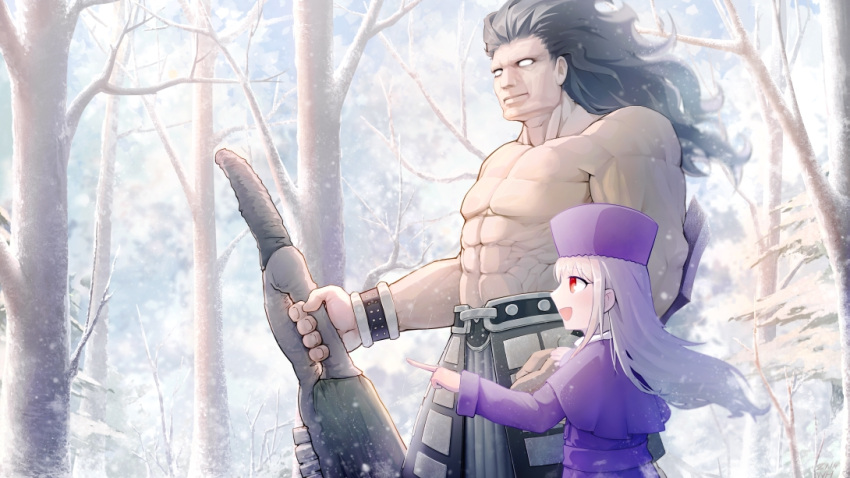 1boy 1girl abs armor black_hair blank_eyes bracelet capelet chinese_commentary closed_mouth coat coat_dress commentary dark-skinned_male dark_skin fate/stay_night fate_(series) faulds from_side fur_hat grey_hair hat heracles_(fate) holding holding_sword holding_weapon illyasviel_von_einzbern jewelry light_smile long_hair long_sleeves looking_ahead looking_away muscular muscular_male no_pupils open_mouth outdoors papakha pointing purple_coat purple_headwear red_eyes sidelocks snow sword topless_male tree weapon wh_(user_zrmr8753) white_eyes winter