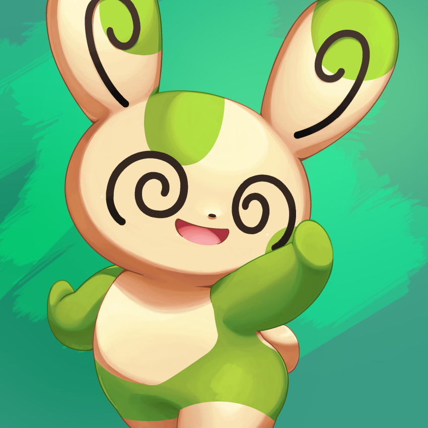 :d @_@ alternate_color commentary_request deleca7755 green_background happy highres looking_to_the_side open_mouth outstretched_arms pokemon shiny_pokemon smile spinda tongue
