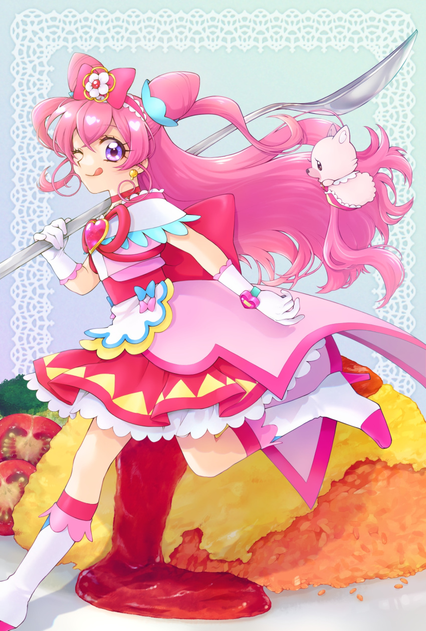 1girl ;q aizen_(syoshiyuki) apron back_bow blue_background blue_bow boots bow brooch cherry_tomato choker closed_mouth cone_hair_bun creature cure_precious delicious_party_precure double_bun earrings flower food from_side full_body gloves hair_bow hair_bun hair_flower hair_ornament hairband heart_brooch highres holding holding_spoon huge_bow jewelry knee_boots kome-kome_(precure) layered_skirt long_hair looking_at_viewer magical_girl nagomi_yui omelet omurice one_eye_closed oversized_object pink_bow pink_choker pink_hair pink_hairband pink_skirt precure running shiny shiny_hair skirt smile spoon tomato tongue tongue_out two_side_up violet_eyes white_footwear white_gloves