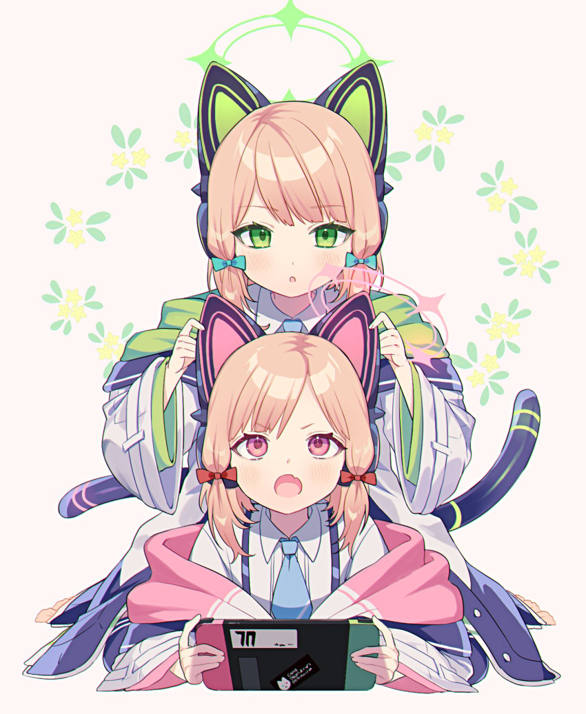 &gt;:( 2girls animal_ear_headphones animal_ears blonde_hair blue_archive blue_necktie blush bow cat_ear_headphones cat_tail commentary fake_animal_ears green_eyes green_skirt hair_bow halo headphones highres jacket looking_up lying mechanical_tail midori_(blue_archive) momoi_(blue_archive) multiple_girls necktie nehan_(gedatsu_nehan) nintendo_switch off_shoulder on_person on_stomach open_mouth parted_lips pink_bow pink_eyes shirt siblings sisters skirt tail v-shaped_eyebrows white_jacket white_shirt