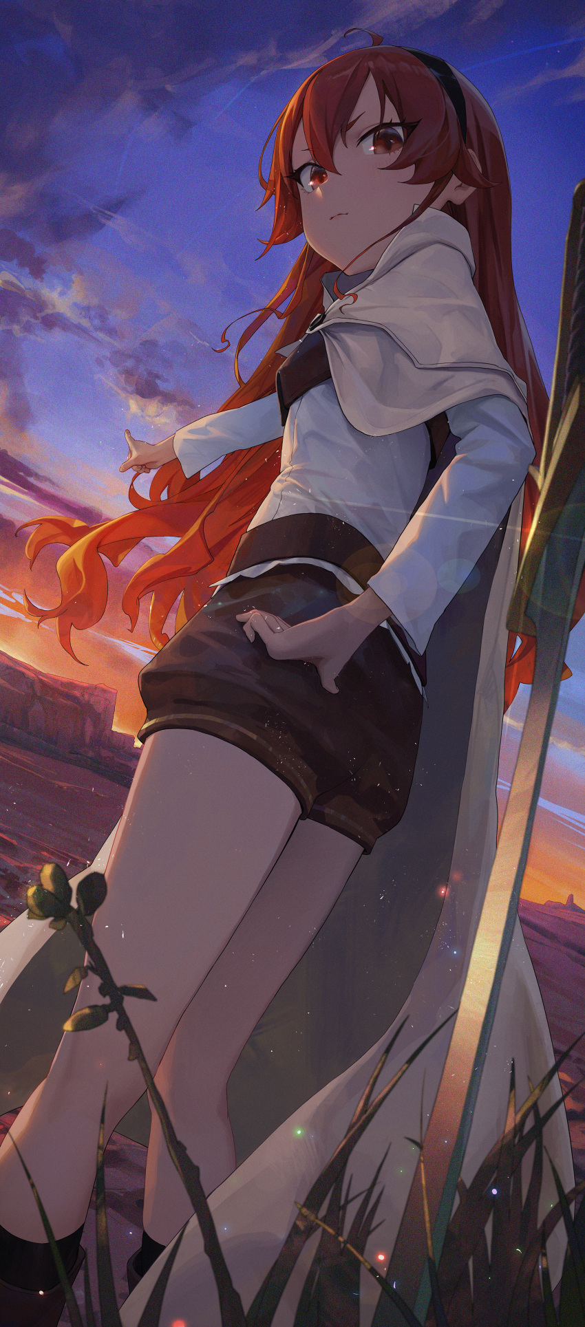 1girl absurdres back bingwei_huang black_socks blue_sky cape clouds eris_greyrat grass hairband hand_on_hip highres long_hair looking_at_viewer mushoku_tensei outdoors pointing red_eyes redhead shorts sky socks solo sword weapon