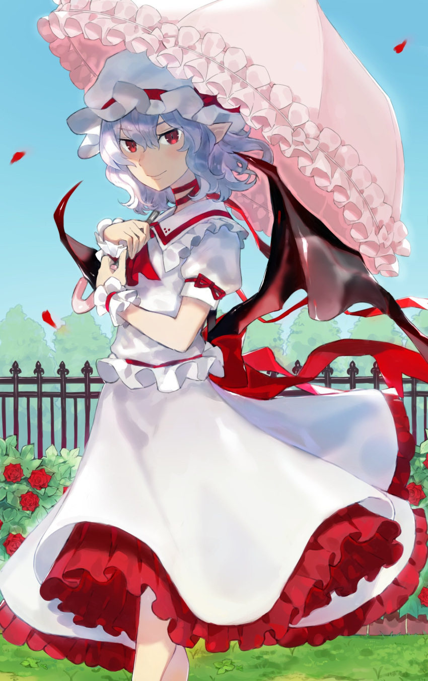 1girl absurdres aisutabetao blush bush closed_mouth collared_shirt commentary_request commission day demon_wings falling_petals feet_out_of_frame fence flower frilled_shirt_collar frilled_skirt frills hair_between_eyes hat highres holding holding_umbrella iron_fence light_purple_hair looking_at_viewer medium_hair mob_cap outdoors parasol petals pointy_ears puffy_short_sleeves puffy_sleeves red_eyes red_flower red_rose remilia_scarlet rose rose_bush shirt short_sleeves skeb_commission skirt skirt_set sky smile solo touhou umbrella wavy_hair white_headwear white_shirt white_skirt wings wrist_cuffs