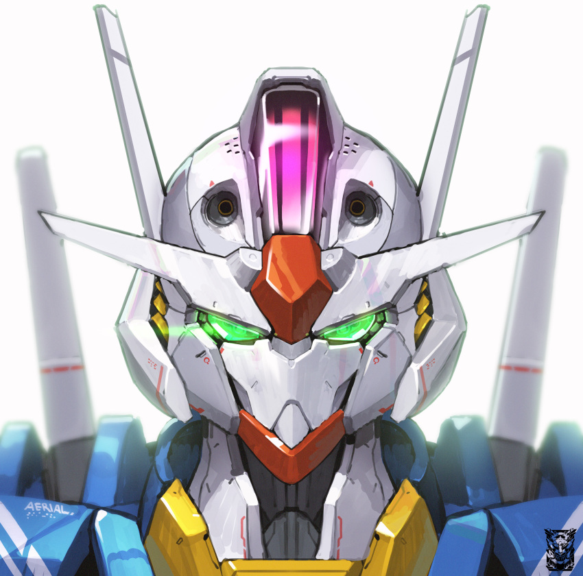 absurdres artist_logo commentary english_commentary glowing glowing_eyes green_eyes gundam gundam_aerial gundam_suisei_no_majo highres looking_at_viewer mar10 mecha mobile_suit no_humans portrait robot science_fiction solo v-fin