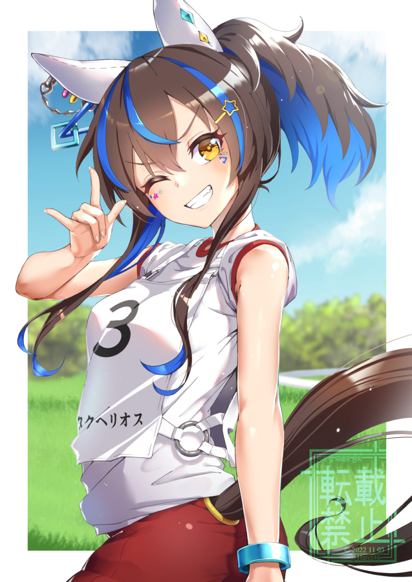 1girl :d \m/ animal_ears blue_hair blue_sky border brown_hair buruma clouds cloudy_sky daitaku_helios_(umamusume) grass grin highres horse_ears horse_girl horse_tail kagami_(haret46) long_hair looking_at_viewer multicolored_hair one_eye_closed outdoors red_buruma shirt short_sleeves sky smile solo tail teeth tracen_training_uniform track_uniform tree two-tone_hair umamusume white_border white_shirt yellow_eyes