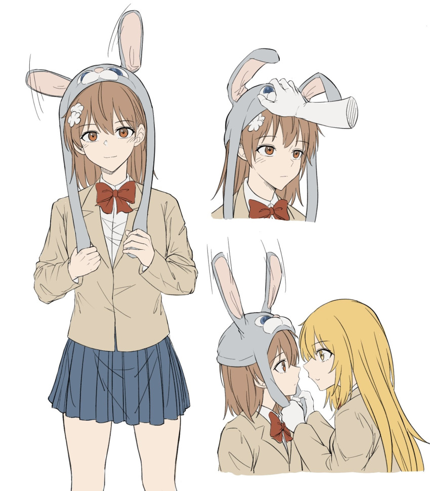 2girls animal_ears animal_hat bangs blazer blonde_hair blue_skirt bow bowtie brown_eyes brown_hair brown_jacket bunny_hat closed_mouth collared_shirt commentary elbow_gloves eye_contact fake_animal_ears flower gloves grey_headwear hair_flower hair_ornament hand_on_another's_head hat headwear_pull highres jacket long_hair long_sleeves looking_at_another misaka_mikoto multiple_girls multiple_views pleated_skirt rabbit_ears red_bow school_uniform shirt shokuhou_misaki short_hair skirt smile sparkling_eyes symbol-only_commentary toaru_kagaku_no_railgun toaru_majutsu_no_index tokiwadai_school_uniform white_background white_gloves white_shirt yakult1124 yellow_eyes