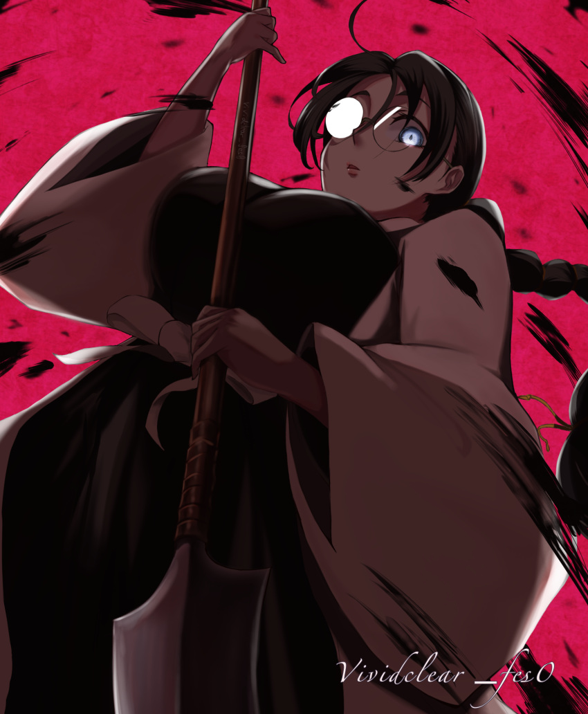 1girl bangs black_hair black_kimono bleach bleach:_the_thousand-year_blood_war blue_eyes braid breasts expressionless food-act glasses hair_between_eyes haori highres holding holding_polearm holding_weapon japanese_clothes katori_batsuunsai kimono large_breasts long_hair looking_at_viewer looking_down naginata open_clothes open_mouth polearm red_background rimless_eyewear sash single_braid solo watermark weapon white_sash wide_sleeves