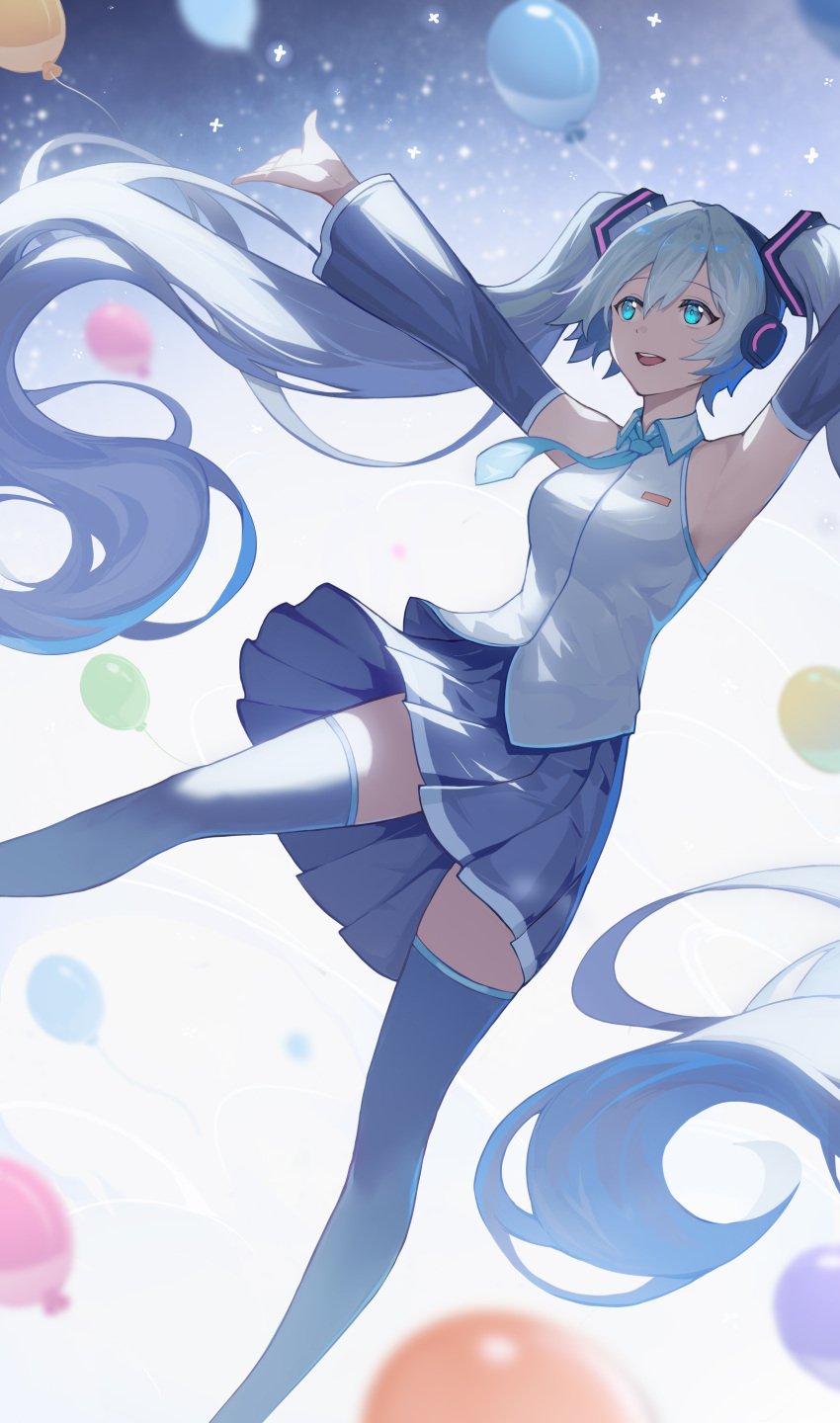 1girl 2r-_(pixiv8168114) absurdres arms_up balloon bangs bare_shoulders blue_eyes blue_necktie blue_skirt blue_sleeves blue_thighhighs blurry collared_shirt commentary depth_of_field detached_sleeves feet_out_of_frame floating hair_between_eyes hatsune_miku headphones highres long_bangs long_hair long_sleeves looking_afar necktie open_mouth pleated_skirt shirt skirt sleeveless sleeveless_shirt smile solo teeth thigh-highs thighs twintails upper_teeth very_long_hair vocaloid white_shirt zettai_ryouiki