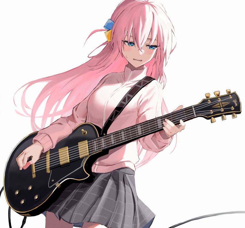 1girl absurdres bangs blue_eyes blush bocchi_the_rock! cube_hair_ornament electric_guitar franz2543 gibson_les_paul gotou_hitori grey_skirt guitar hair_between_eyes hair_ornament highres holding holding_instrument instrument jacket long_hair music one_side_up open_mouth pink_hair pink_jacket playing_instrument pleated_skirt simple_background skirt solo track_jacket white_background