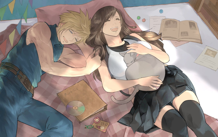 1boy 1girl animal bare_arms bare_shoulders belt bike_shorts_under_skirt black_hair black_skirt black_thighhighs blonde_hair blush book breasts brown_hair cat cd closed_eyes cloud_strife crop_top final_fantasy final_fantasy_vii final_fantasy_vii_remake happy holding holding_animal holding_cat indoors large_breasts long_hair lying on_back on_side open_book open_mouth pillow shillo skirt sleeveless sleeveless_turtleneck smile spiky_hair sunlight suspender_skirt suspenders sweater tank_top teeth thigh-highs tifa_lockhart turtleneck turtleneck_sweater undershirt white_tank_top