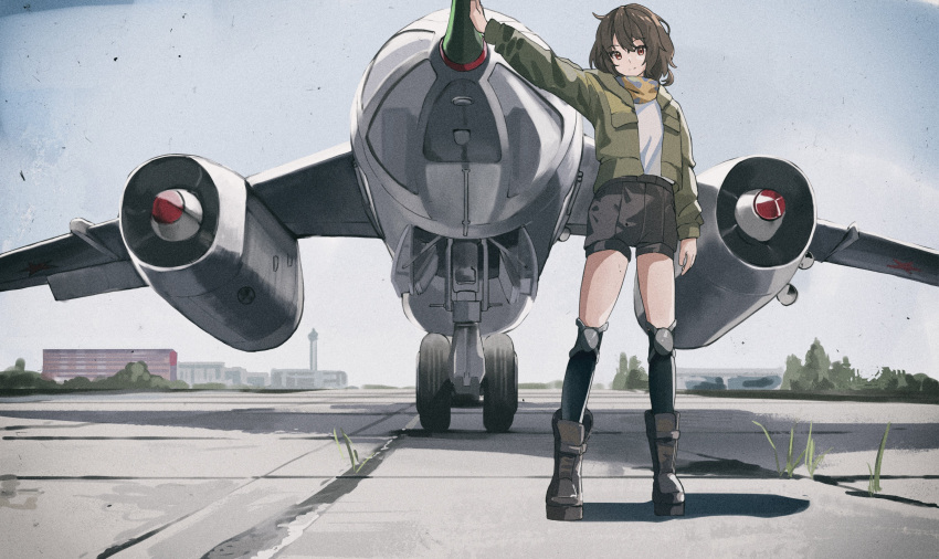 1girl absurdres aircraft airplane black_socks boots brown_footwear brown_hair brown_pants building clouds cloudy_sky earhart_(girls'_frontline_nc) film_grain girls'_frontline_neural_cloud girls_frontline green_jacket highres jacket knee_pads kneehighs leaning_on_object light_smile looking_at_viewer nighttsound open_clothes open_jacket pants red_eyes runway scarf shirt short_hair short_shorts shorts sky socks solo tree weeds white_shirt yak-28 yellow_scarf