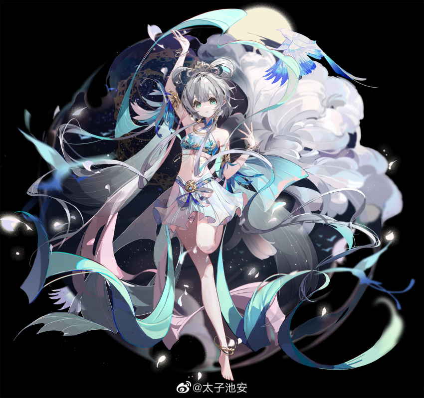 1girl bare_shoulders barefoot bird bracelet chain dancing gem green_eyes highres jewelry long_hair looking_at_viewer luo_tianyi pearl_(gemstone) see-through see-through_sleeves semi-transparent silk smile solo taiz22 vocaloid weibo_id white_hair