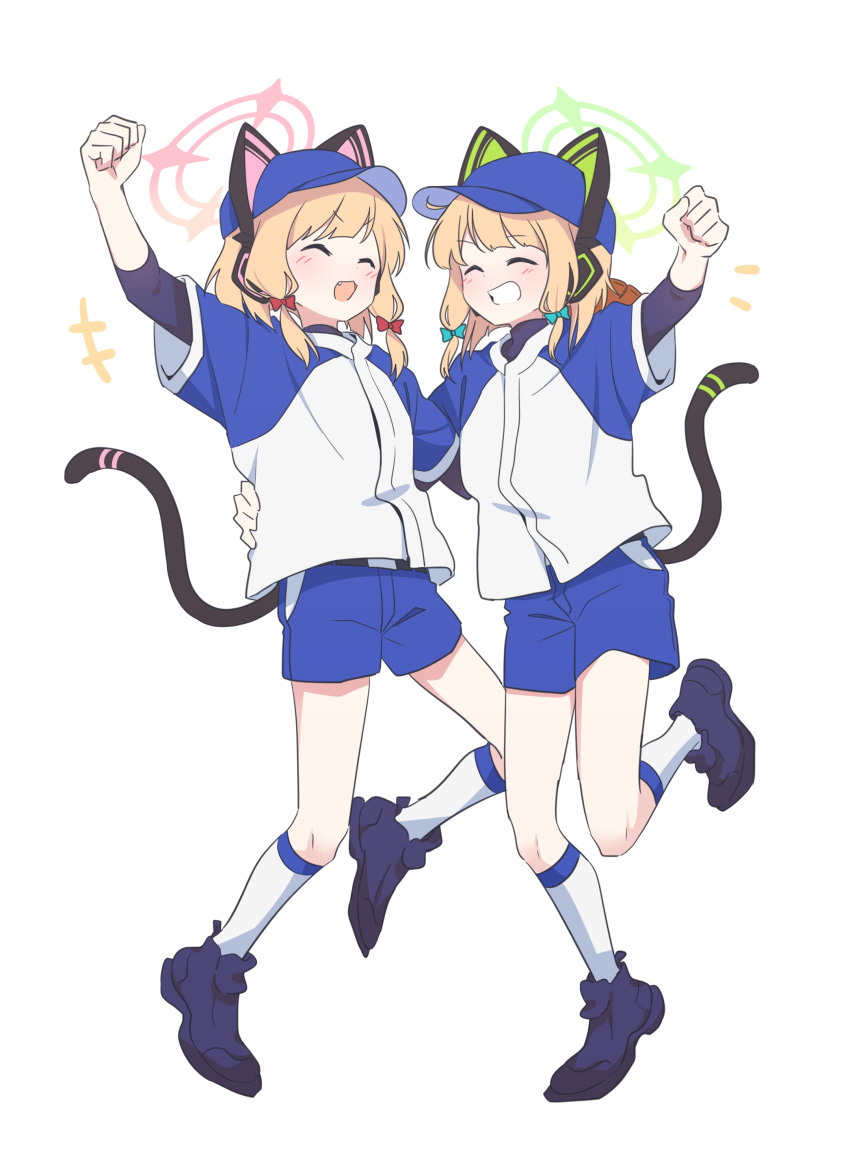 2girls ^_^ absurdres animal_ear_headphones animal_ears baseball_cap baseball_mitt black_footwear blonde_hair blue_archive blue_headwear blue_shorts blush clenched_hand closed_eyes commentary fake_animal_ears fang full_body grin halo hat headphones highres midori_(blue_archive) momoi_(blue_archive) multiple_girls official_alternate_costume open_mouth seal_007 shirt short_hair shorts siblings simple_background sisters smile socks sportswear symbol-only_commentary tail twins white_background