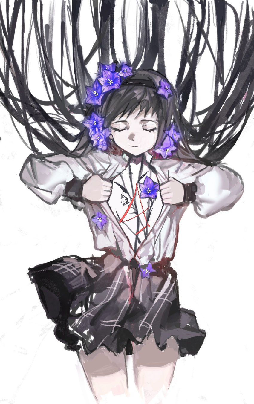 1girl akemi_homura bangs black_hair black_hairband black_skirt chinese_commentary closed_eyes collared_shirt commentary_request cowboy_shot cropped_legs duya_(ehouhouohahaha) facing_viewer floating_hair flower hair_flower hair_ornament hairband highres hollow_body long_hair long_sleeves mahou_shoujo_madoka_magica open_clothes open_shirt plaid plaid_skirt puffy_long_sleeves puffy_sleeves purple_flower shirt simple_background skirt smile solo standing unzipping white_background white_shirt