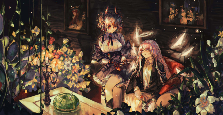 2girls absurdres arknights black_footwear black_jacket black_skirt boots breasts candlestand collared_shirt commission detached_wings energy_wings fiammetta_(arknights) fire flame flower frilled_skirt frills hair_between_eyes halo highres id_card jacket large_breasts lemuen_(arknights) long_hair looking_at_another multiple_girls necktie off_shoulder open_clothes open_jacket photo_(object) realpha red_eyes red_necktie shirt short_hair sitting skirt smile suspender_skirt suspenders white_shirt wings