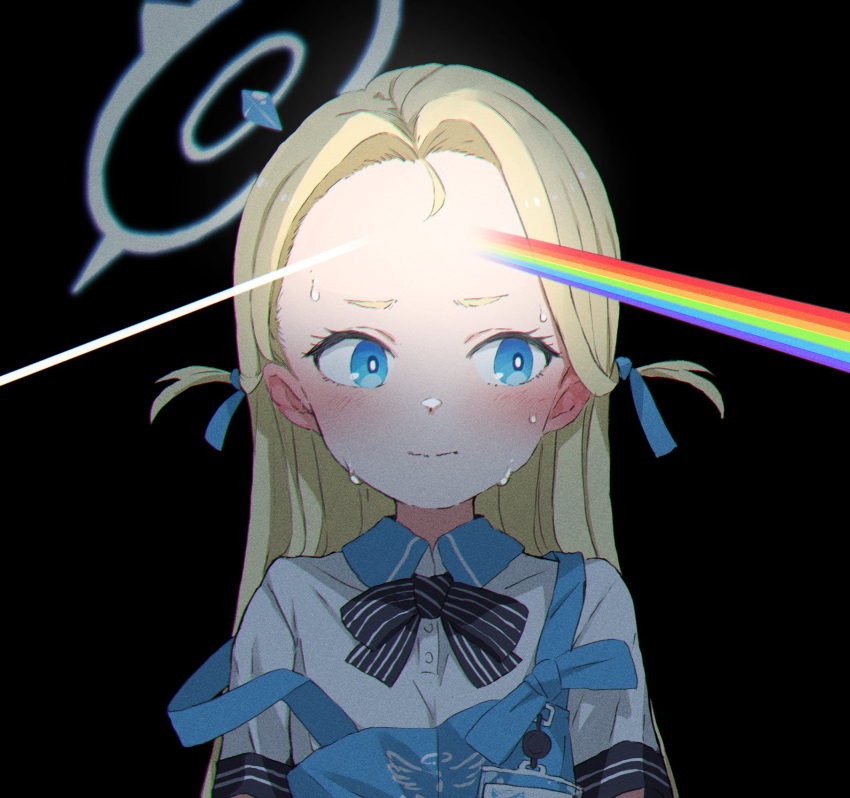 1girl apron bangs blonde_hair blue_apron blue_archive blue_eyes bow bowtie dark_side_of_the_moon forehead gomennasai halo highres id_card long_hair parted_bangs pink_floyd reflection short_sleeves solo sora_(blue_archive) striped striped_bow striped_bowtie sweat two_side_up