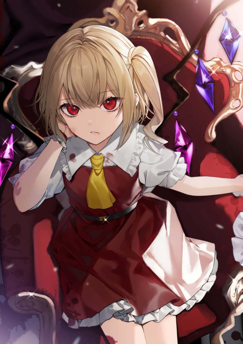 1girl absurdres ascot bangs belt blonde_hair blood blood_on_clothes crystal daimaou_ruaeru feet_out_of_frame flandre_scarlet flat_chest frilled_shirt_collar frills from_above frown glint hair_between_eyes hand_on_own_cheek hand_on_own_face hand_up highres looking_at_viewer medium_hair no_headwear one_side_up petticoat puffy_short_sleeves puffy_sleeves red_eyes red_skirt red_vest short_sleeves sidelighting sitting skirt skirt_set solo throne touhou vest wings wrist_cuffs yellow_ascot