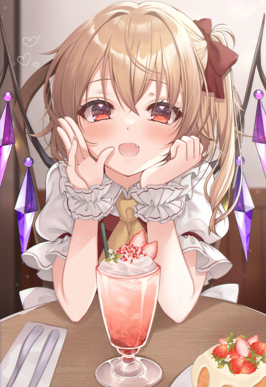 1girl absurdres ascot cake collared_shirt commentary_request cup flandre_scarlet food fruit hand_in_own_hair haruki_(colorful_macaron) highres ice_cream indoors no_headwear pov puffy_short_sleeves puffy_sleeves red_eyes red_vest shirt short_sleeves sitting solo strawberry table touhou upper_body utensil vest white_shirt wristband yellow_ascot
