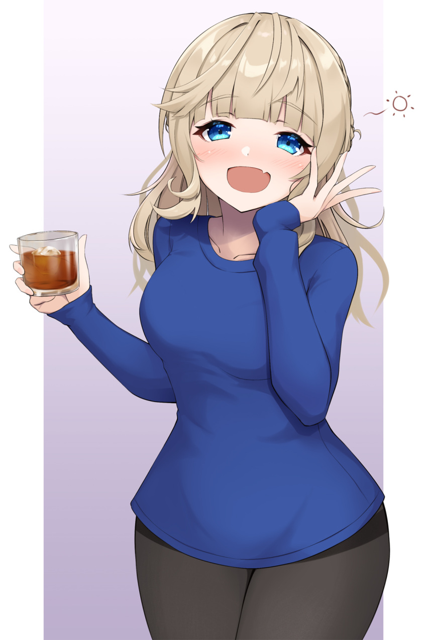 1girl alcohol alternate_costume black_pants blue_eyes blue_shirt braid breasts brown_hair drunk fang glass highres ice ice_cube kantai_collection kodama_(mmt_uf) long_hair long_sleeves medium_breasts open_mouth pants ranger_(kancolle) shirt side_braids skin_fang smile solo