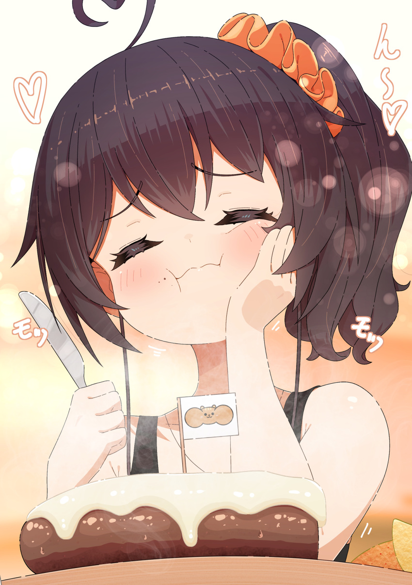 1girl absurdres ahoge armpit_crease bangs black_tank_top blush brown_hair cake chipmunk closed_eyes collarbone crossed_bangs eating eyelashes food gradient gradient_background hair_ornament hair_scrunchie hands_up heart heart_ahoge highres holding hololive knife long_hair lunch_boxer natsuiro_matsuri scrunchie shiny shiny_hair side_ponytail sidelocks solo squirrel tank_top translation_request upper_body virtual_youtuber