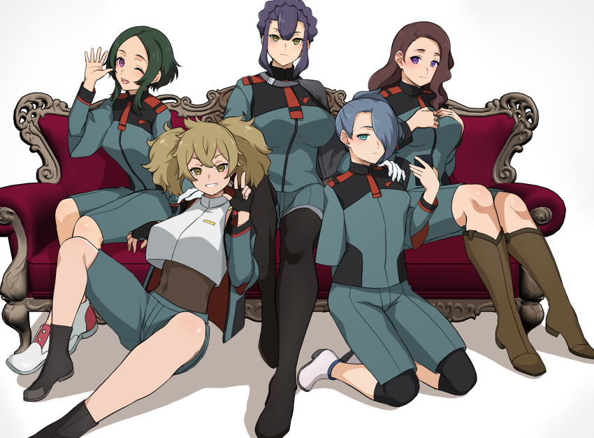 asticassia_school_uniform asymmetrical_shorts blue_hair boots braid brown_eyes brown_hair couch expressionless fingerless_gloves gloves green_eyes green_hair grin gundam gundam_suisei_no_majo hair_over_one_eye hand_on_another's_shoulder haruhisky henao_jazz highres ireesha_plato light_brown_hair long_hair looking_at_viewer maisie_may necktie one_eye_closed open_mouth purple_hair renee_costa sabina_fardin school_uniform shoes simple_background smile violet_eyes white_background yellow_eyes