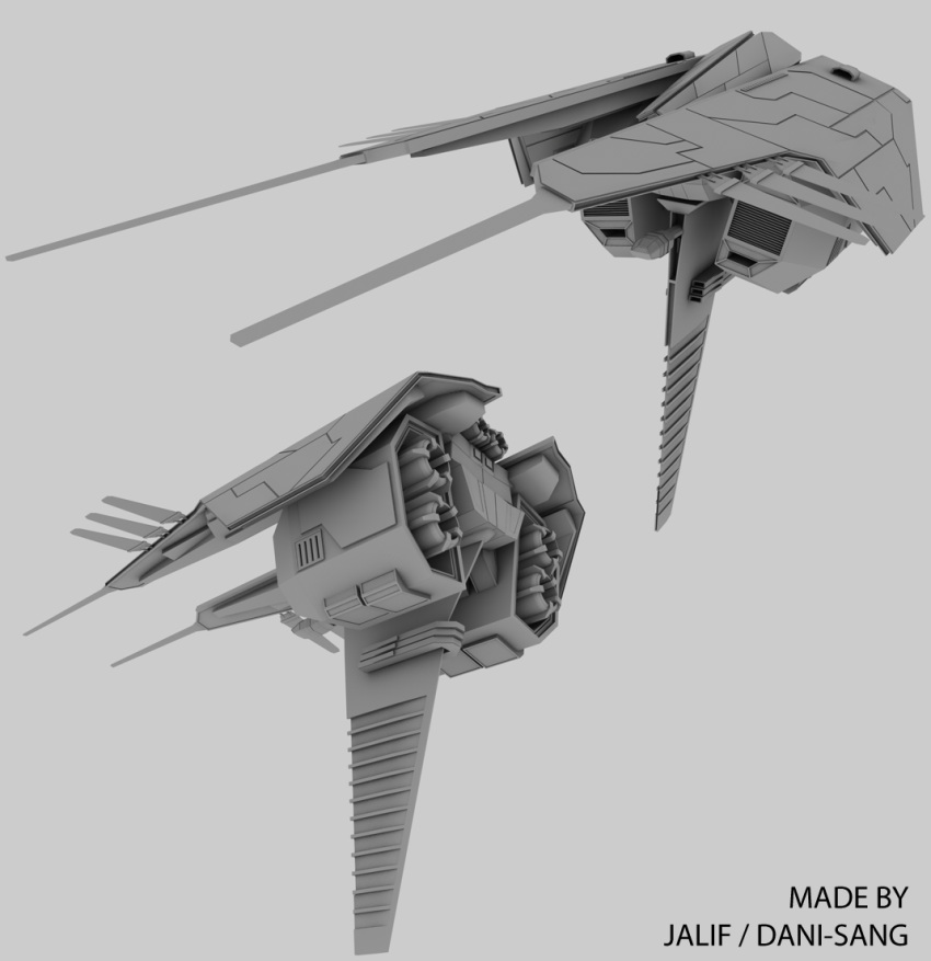3d artist_name commentary concept_art dani-sang eve_online frigate_(eve_online) greyscale military military_vehicle minmatar_republic_(eve_online) monochrome multiple_views no_humans science_fiction simple_background spacecraft thrusters vehicle_focus