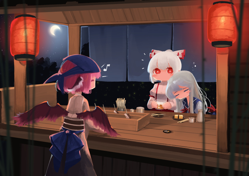 3girls absurdres alternate_costume animal_ears bandana bangs bird_ears bird_wings blue_bow blue_dress blue_headwear blunt_bangs blush_stickers bottle bow bright_pupils chopsticks closed_eyes coin commentary crescent cup dress drinking_glass eighth_note feathered_wings fireflies food food_stand fujiwara_no_mokou grey_hair grey_shirt grey_skirt hair_bow hat hat_removed head_on_another's_shoulder headwear_removed highres holding holding_cup kamishirasawa_keine lantern leaning_on_person long_hair long_sleeves moon multiple_girls musical_note mystia_lorelei neckerchief night night_sky no_mouth obi okamisty pants paper_lantern pink_hair pink_wings plate ponytail puffy_short_sleeves puffy_sleeves red_eyes red_neckerchief red_pants sash shirt short_hair short_sleeves sitting skirt sky sleep_bubble sleepy standing star_(sky) starry_sky suspenders sweet_reverie swept_bangs tokin_hat touhou tree waist_bow white_bow white_hair white_pupils white_shirt white_sleeves wings