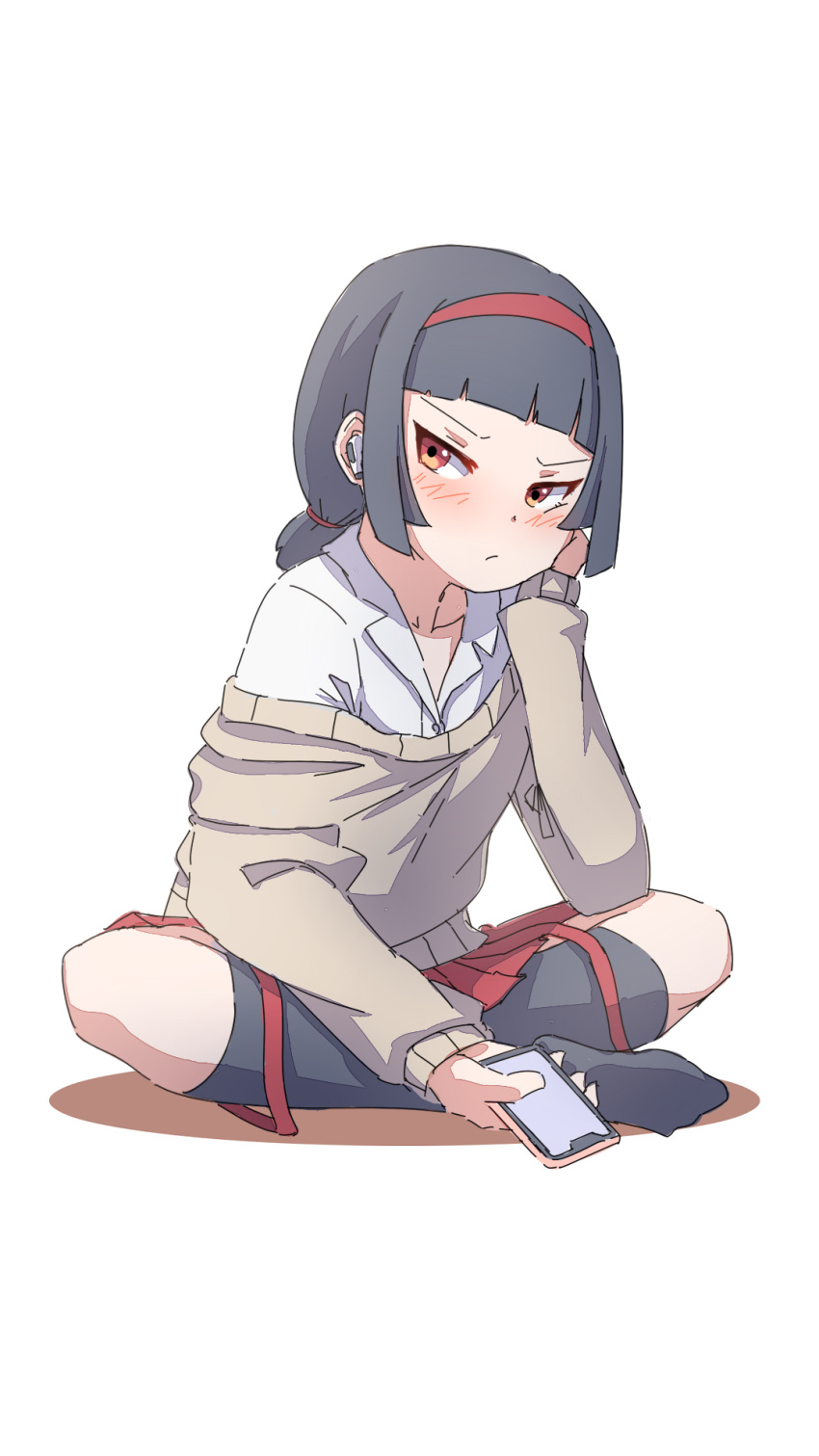 1girl bangs black_hair black_socks blush brown_sweater closed_mouth collared_shirt colored_shadow commentary_request dress_shirt earphones earphones hairband highres kneehighs kuro_kosyou looking_at_viewer low_ponytail no_shoes off_shoulder orange_eyes original pleated_skirt ponytail red_hairband red_skirt shadow shirt simple_background skirt socks solo sweater white_background white_shirt wireless_earphones
