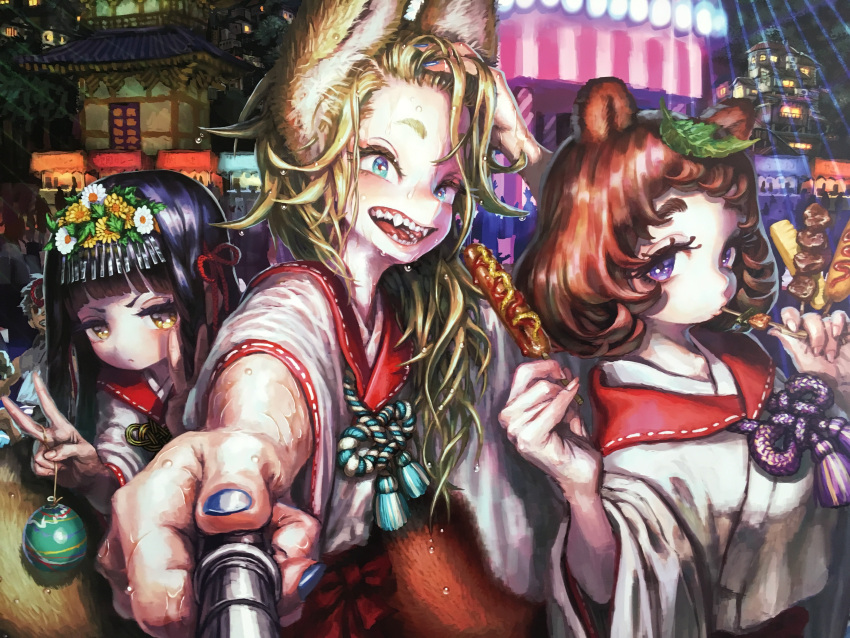 3girls absurdres animal_ears architecture black_hair blonde_hair blue_eyes corn_dog double_v east_asian_architecture eating fangs festival food food_stand fox_ears fox_girl grin headpiece highres holding holding_food japanese_clothes jon_taira kimono leaf leaf_on_head long_hair looking_at_viewer multiple_girls original outdoors raccoon_girl raccoon_tail rope selfie selfie_stick shimenawa short_eyebrows smile summer_festival tail teeth thick_eyebrows upper_body v violet_eyes water_balloon water_yoyo wet wet_clothes wet_hair yellow_eyes yukata