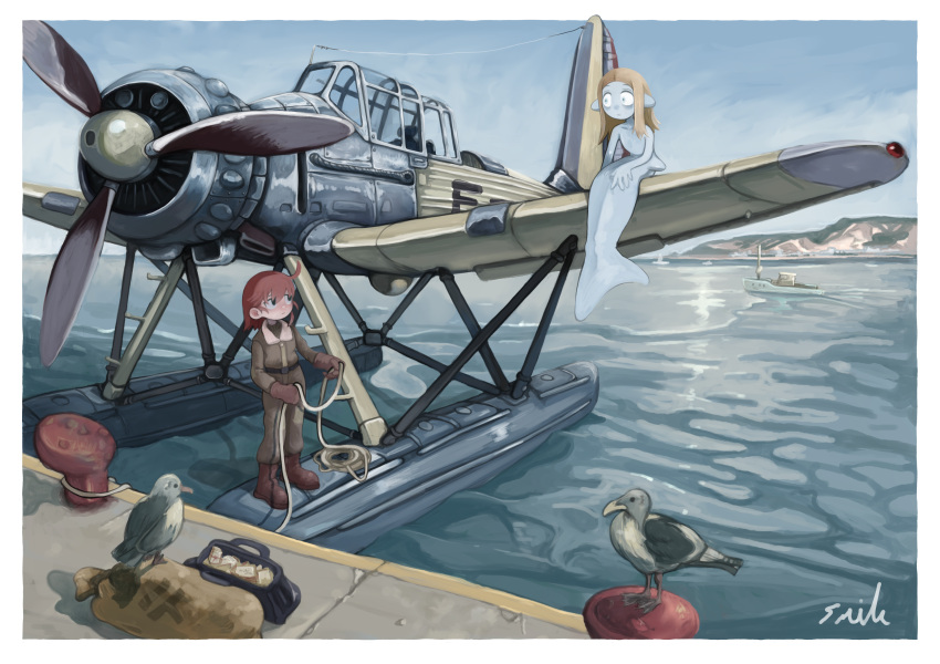 2girls absurdres aircraft airplane bangs bird blonde_hair boat brown_gloves brown_hair closed_mouth day gloves harbor highres holding lalah_7th long_hair looking_at_another medium_hair mermaid monster_girl multiple_girls ocean original outdoors pilot_suit rope seagull sitting standing watercraft