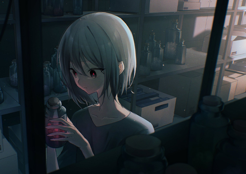 1girl bottle box cardboard_box closed_mouth collarbone corked_bottle from_side grey_hair highres holding holding_bottle indoors looking_at_object medium_hair original shelf shi_wo_3 short_sleeves solo upper_body