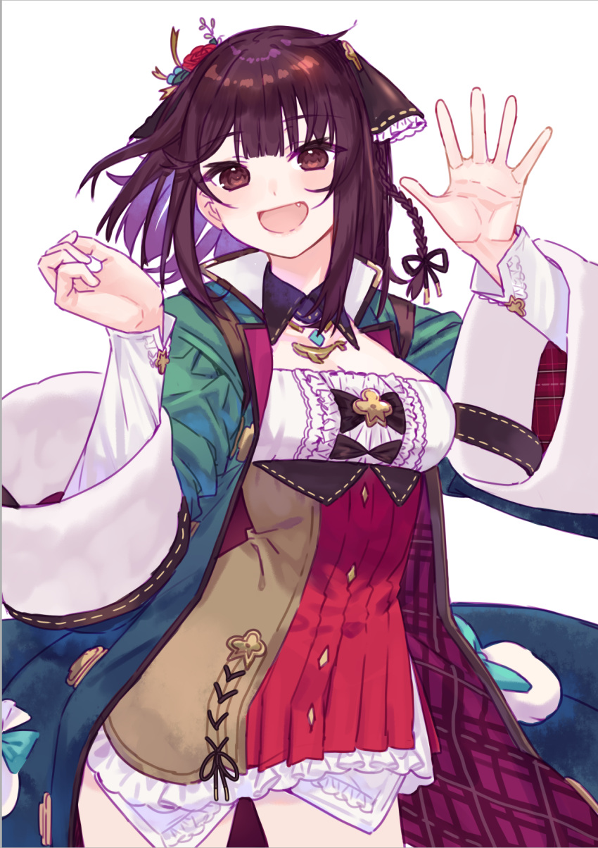 1girl :d atelier_(series) atelier_sophie atelier_sophie_2 bangs blue_coat brown_eyes brown_ribbon coat collared_coat corset cross-laced_clothes cross-laced_top detached_collar fang flower hair_flower hair_ornament highres jewelry long_sleeves looking_at_viewer necklace open_mouth plaid_coat red_flower red_rose red_skirt redhead ribbon rose ryuuno6 short_hair simple_background skirt smile solo sophie_neuenmuller white_background wide_sleeves