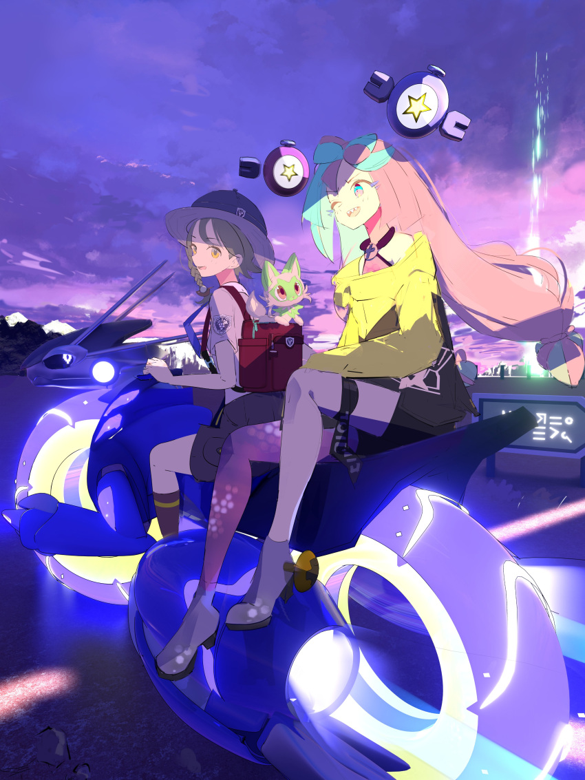 2girls absurdres backpack bag bangs black_sclera blue_hair bow-shaped_hair braid brown_eyes brown_hair character_hair_ornament claws closed_mouth collared_shirt colored_sclera grey_footwear gurumaruhana hair_ornament hat hexagon_print highres iono_(pokemon) jacket juliana_(pokemon) long_hair low-tied_long_hair miraidon multicolored_hair multiple_girls naranja_academy_uniform necktie open_mouth outdoors oversized_clothes pink_eyes pink_hair pokemon pokemon_(creature) pokemon_(game) pokemon_sv revision riding sharp_teeth shirt short_sleeves single_braid single_leg_pantyhose sky sleeveless sleeveless_shirt sleeves_past_fingers sleeves_past_wrists smile sprigatito teeth twintails two-tone_hair very_long_hair yellow_jacket