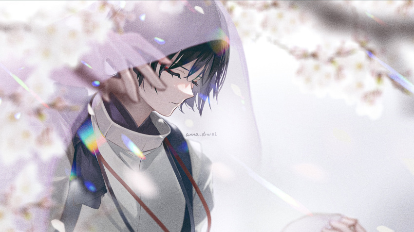 1boy absurdres anna_(drw01) artist_name bangs bloom blunt_ends blurry blurry_foreground bow branch cherry_blossoms closed_eyes closed_mouth detached_sleeves eyelashes flower genshin_impact grey_background grey_vest hair_between_eyes hand_up highres long_sleeves male_focus mandarin_collar official_alternate_costume purple_bow purple_hair purple_shirt scaramouche_(genshin_impact) scaramouche_(kabukimono)_(genshin_impact) shirt short_hair simple_background solo upper_body veil vest white_flower wide_sleeves