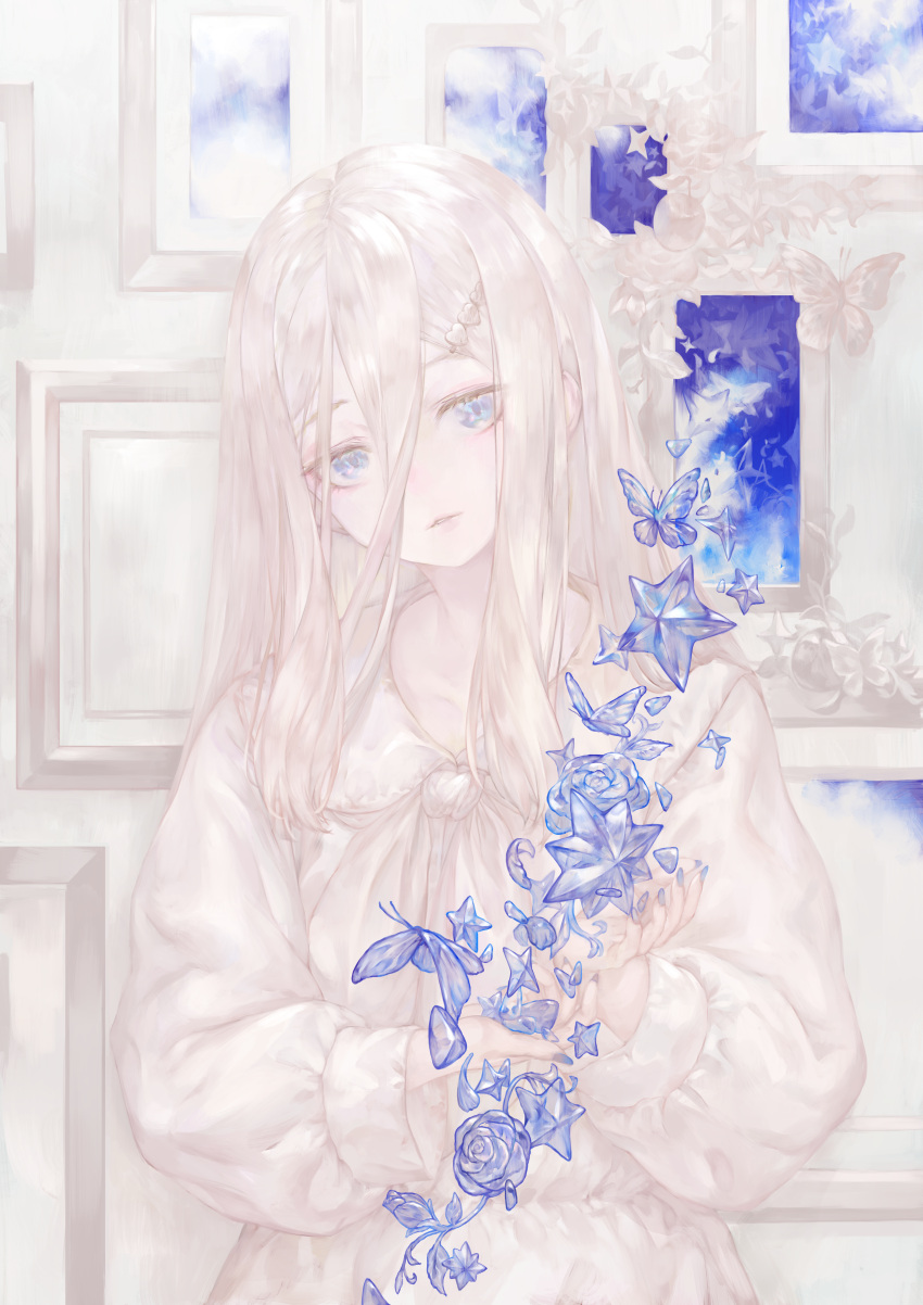 1girl absurdres apple blue_nails bug butterfly commentary dress flower food fruit hair_between_eyes hair_ornament hairclip heart heart_hair_ornament highres long_hair long_sleeves looking_at_viewer nail_polish original painting_(object) parted_lips rose solo star_(symbol) totoya_yuu upper_body white_dress white_hair