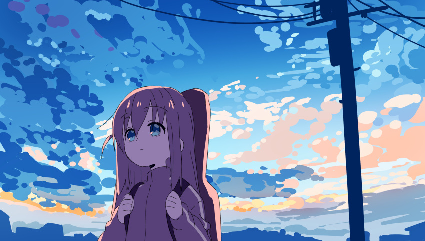 1girl absurdres bangs blue_eyes blue_sky bocchi_the_rock! clouds day gotou_hitori hair_between_eyes hands_up highres holding_strap instrument_case jacket long_hair looking_away meito_(maze) one_side_up outdoors parted_lips pink_hair pink_jacket power_lines sky solo track_jacket upper_body utility_pole