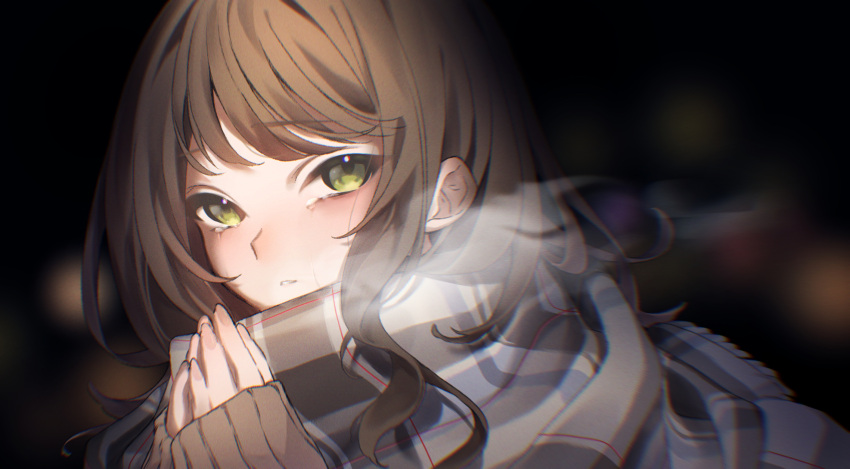 1girl breath brown_hair close-up cold dark_background green_eyes grey_scarf highres long_hair looking_at_viewer original own_hands_together plaid plaid_scarf scar scarf shi_wo_3 sleeves_past_wrists solo