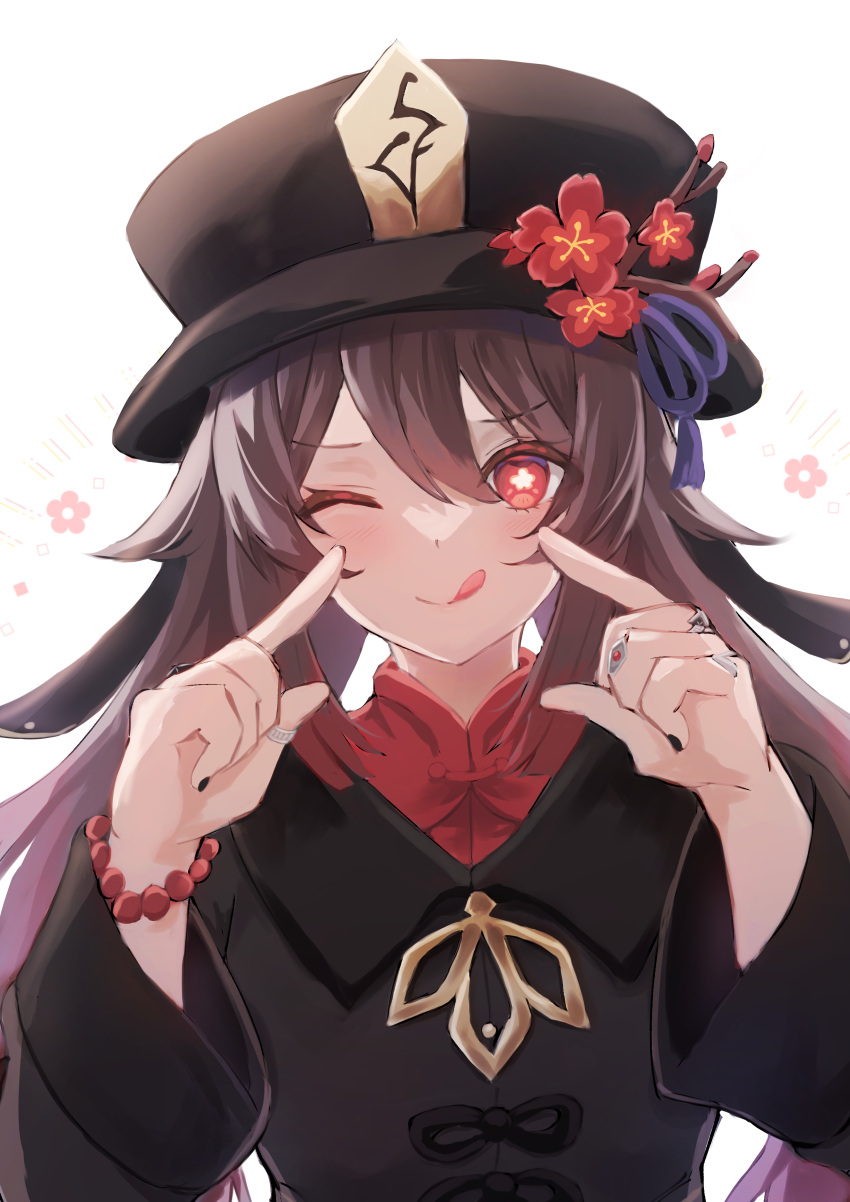 1girl ;q absurdres bangs bead_bracelet beads black_headwear black_jacket black_nails bracelet brown_hair closed_mouth commentary_request flower flower-shaped_pupils genshin_impact hair_between_eyes hands_up hat hat_flower highres hu_tao_(genshin_impact) jacket jewelry long_hair long_sleeves looking_at_viewer nagare_yoshimi nail_polish one_eye_closed red_eyes red_flower red_shirt ring shirt simple_background smile solo symbol-shaped_pupils tongue tongue_out upper_body white_background wide_sleeves