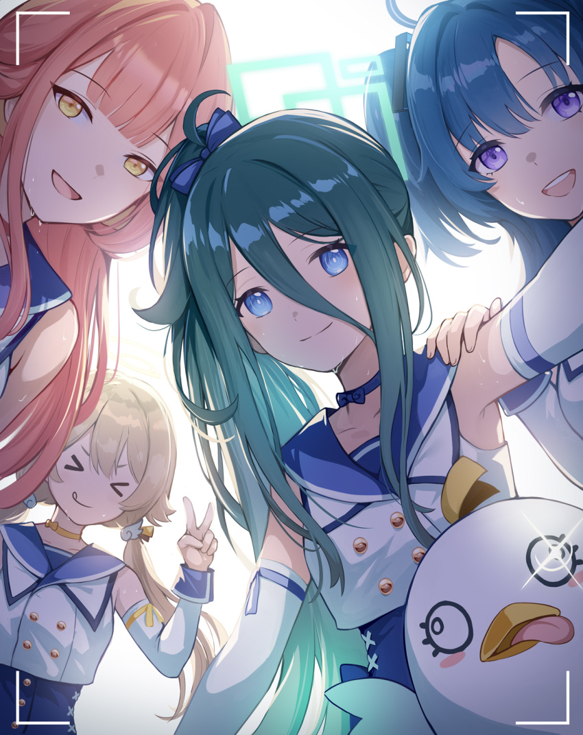 &gt;_&lt; 1other 2r-_(pixiv8168114) 4girls :d :q aqua_hair aris_(blue_archive) armpits aru_(blue_archive) bangs blonde_hair blue_archive blue_bow blue_choker blue_eyes blue_hair blue_sailor_collar blunt_bangs bow choker closed_eyes closed_mouth collarbone commentary_request detached_sleeves hair_between_eyes hair_bow hair_tie halo hand_on_another's_shoulder hand_up hifumi_(blue_archive) highres long_bangs looking_at_viewer low_twintails multiple_girls open_mouth orange_hair peroro_(blue_archive) ponytail sailor_collar selfie shirt simple_background sleeveless smile standing sweat swept_bangs tongue tongue_out twintails upper_body v violet_eyes white_background white_shirt white_sleeves yellow_choker yellow_eyes yuuka_(blue_archive)