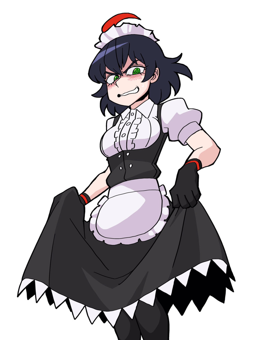 1girl black_gloves black_hair blush clothes_lift commission eddybird55555 english_commentary gloves green_eyes hat highres lifted_by_self looking_at_viewer maid original parody ringed_eyes short_hair short_sleeves simple_background solo style_parody v-shaped_eyebrows vanripper_(style) white_background